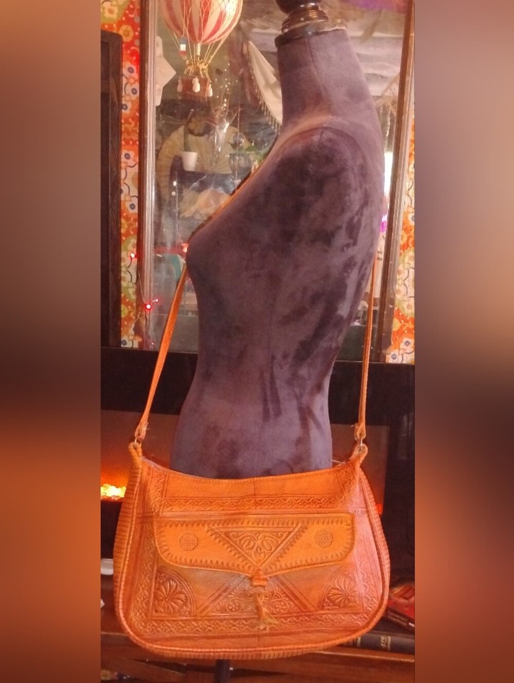 Vintage Hippie Leather Handcrafted Embossed Leather Shoulder Bag Festival OSNT